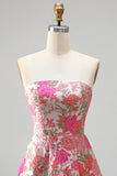Strapless Red Flower Brocade A-Line Long Prom Dress
