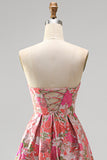 Strapless Red Flower Brocade A-Line Long Prom Dress