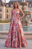 Strapless Red Flower Brocade A-Line Long Prom Dress