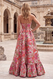 Strapless Red Flower Brocade A-Line Long Prom Dress