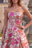 Strapless Red Flower Brocade A-Line Long Prom Dress