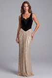 Sequins Ruched Black and Champagne Colorblock Sheath Long Formal Dress