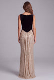 Sequins Ruched Black and Champagne Colorblock Sheath Long Formal Dress