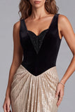 Sequins Ruched Black and Champagne Colorblock Sheath Long Formal Dress