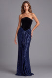 Strapless Sheath Sequins Black and Navy Colorblock Ruched Long Formal Dress