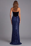 Strapless Sheath Sequins Black and Navy Colorblock Ruched Long Formal Dress