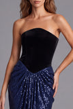 Strapless Sheath Sequins Black and Navy Colorblock Ruched Long Formal Dress