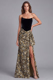Strapless Colorblock Mermaid Ruched Corset Black and Earthy Yellow Long Formal Dress with Slit