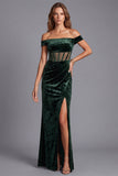 Off The Shoulder Ruched Corset Velvet Dark Green Mermaid Long Formal Dress with Slit
