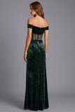 Off The Shoulder Ruched Corset Velvet Dark Green Mermaid Long Formal Dress with Slit