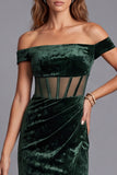 Off The Shoulder Ruched Corset Velvet Dark Green Mermaid Long Formal Dress with Slit