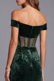 Off The Shoulder Ruched Corset Velvet Dark Green Mermaid Long Formal Dress with Slit
