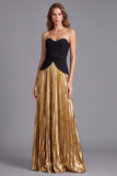 A-Line Strapless Black and Gold Pleated Colorblock Long Formal Dress with Belt
