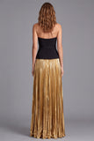 A-Line Strapless Black and Gold Pleated Colorblock Long Formal Dress with Belt