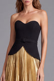 A-Line Strapless Black and Gold Pleated Colorblock Long Formal Dress with Belt