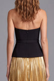 A-Line Strapless Black and Gold Pleated Colorblock Long Formal Dress with Belt