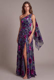 One Shoulder Ruched Grey Purple Flower A-Line Long Formal Dress with Slit