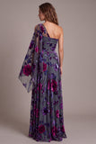 One Shoulder Ruched Grey Purple Flower A-Line Long Formal Dress with Slit