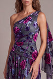 One Shoulder Ruched Grey Purple Flower A-Line Long Formal Dress with Slit