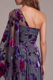 One Shoulder Ruched Grey Purple Flower A-Line Long Formal Dress with Slit