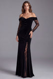 Off The Shoulder Ruched Velvet Black Long Formal Dress with Slit