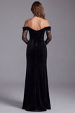 Off The Shoulder Ruched Velvet Black Long Formal Dress with Slit