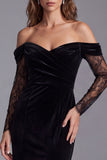 Off The Shoulder Ruched Velvet Black Long Formal Dress with Slit