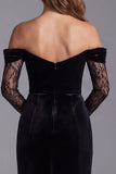 Off The Shoulder Ruched Velvet Black Long Formal Dress with Slit