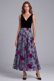Floral A-Line V-Neck Black and Grey Colorblock Long Formal Dress