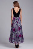 Floral A-Line V-Neck Black and Grey Colorblock Long Formal Dress