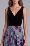 Floral A-Line V-Neck Black and Grey Colorblock Long Formal Dress