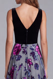 Floral A-Line V-Neck Black and Grey Colorblock Long Formal Dress