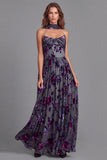 Strapless A-Line Pleated Grey Purple Flower Long Formal Dress with Neck Scarf