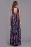 Strapless A-Line Pleated Grey Purple Flower Long Formal Dress with Neck Scarf