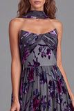 Strapless A-Line Pleated Grey Purple Flower Long Formal Dress with Neck Scarf