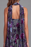 Strapless A-Line Pleated Grey Purple Flower Long Formal Dress with Neck Scarf