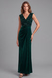 V-Neck Ruched Sequins Velvet Dark Green Sheath Long Formal Dress