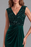 V-Neck Ruched Sequins Velvet Dark Green Sheath Long Formal Dress