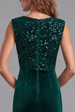 V-Neck Ruched Sequins Velvet Dark Green Sheath Long Formal Dress