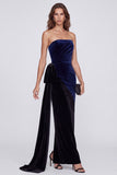 Strapless Ruched Sheath Navy and Black Colorblock Velvet Long Formal Dress