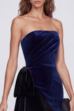 Strapless Ruched Sheath Navy and Black Colorblock Velvet Long Formal Dress