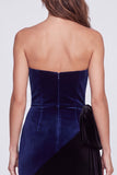 Strapless Ruched Sheath Navy and Black Colorblock Velvet Long Formal Dress