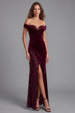 Off The Shoulder Ruched Sequins Burgundy Mermaid Long Formal Dress with Slit