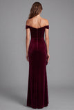 Off The Shoulder Ruched Sequins Burgundy Mermaid Long Formal Dress with Slit