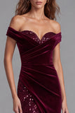 Off The Shoulder Ruched Sequins Burgundy Mermaid Long Formal Dress with Slit