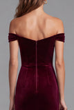 Off The Shoulder Ruched Sequins Burgundy Mermaid Long Formal Dress with Slit