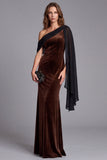 Mermaid Burgundy Velvet Brown One Shoulder Long Formal Dress with Side Cape