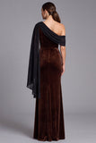 Mermaid Burgundy Velvet Brown One Shoulder Long Formal Dress with Side Cape
