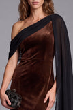 Mermaid Burgundy Velvet Brown One Shoulder Long Formal Dress with Side Cape