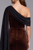 Mermaid Burgundy Velvet Brown One Shoulder Long Formal Dress with Side Cape